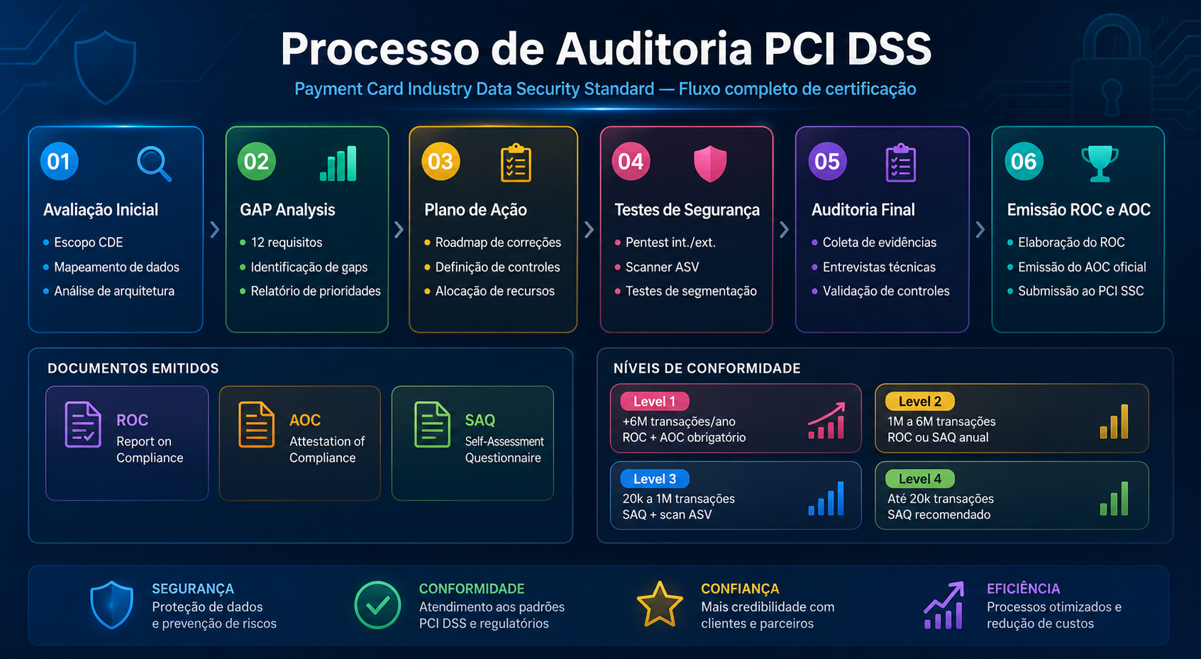 Diagrama do processo de auditoria PCI DSS com etapas e responsáveis